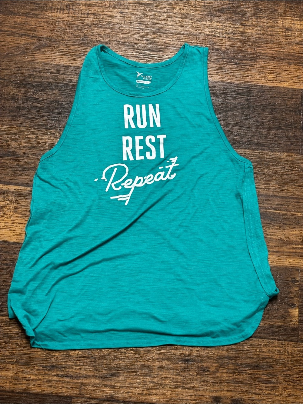 Old Navy Teal Muscle Tank with White 'Run Rest Repeat' Graphic